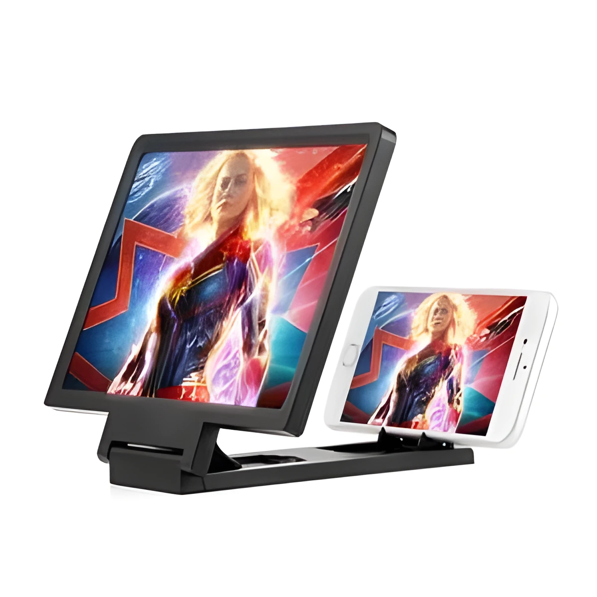 Black screen amplifier magnifier placed against mobile phone showing enlarged display