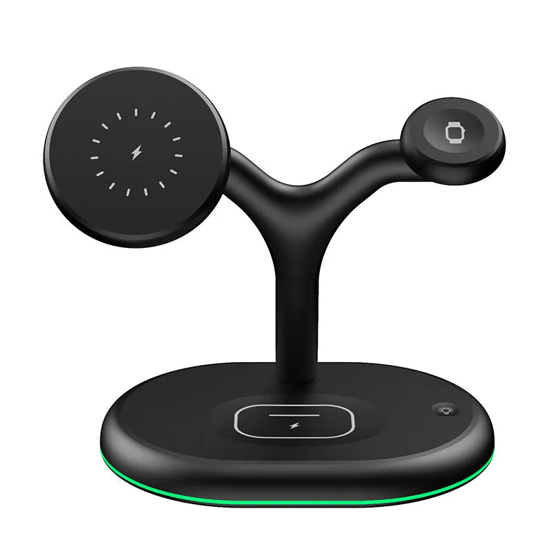 Black magnetic wireless charging stand holding phone in vertical landscape position