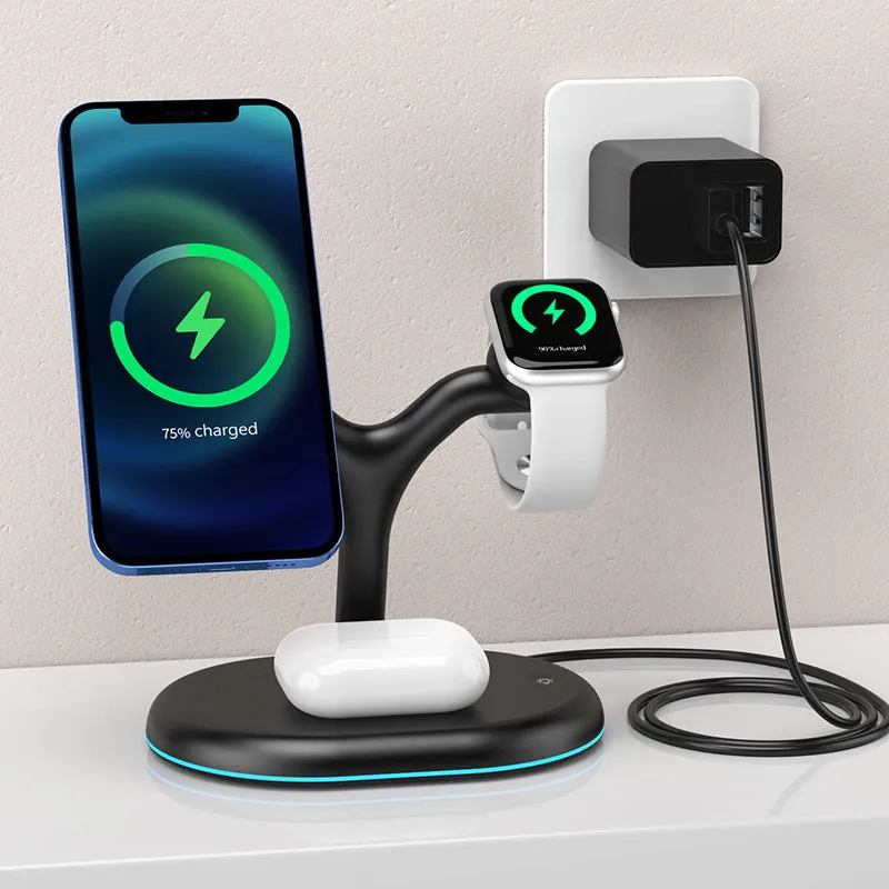 Black magnetic wireless charging stand holding phone in vertical landscape position
