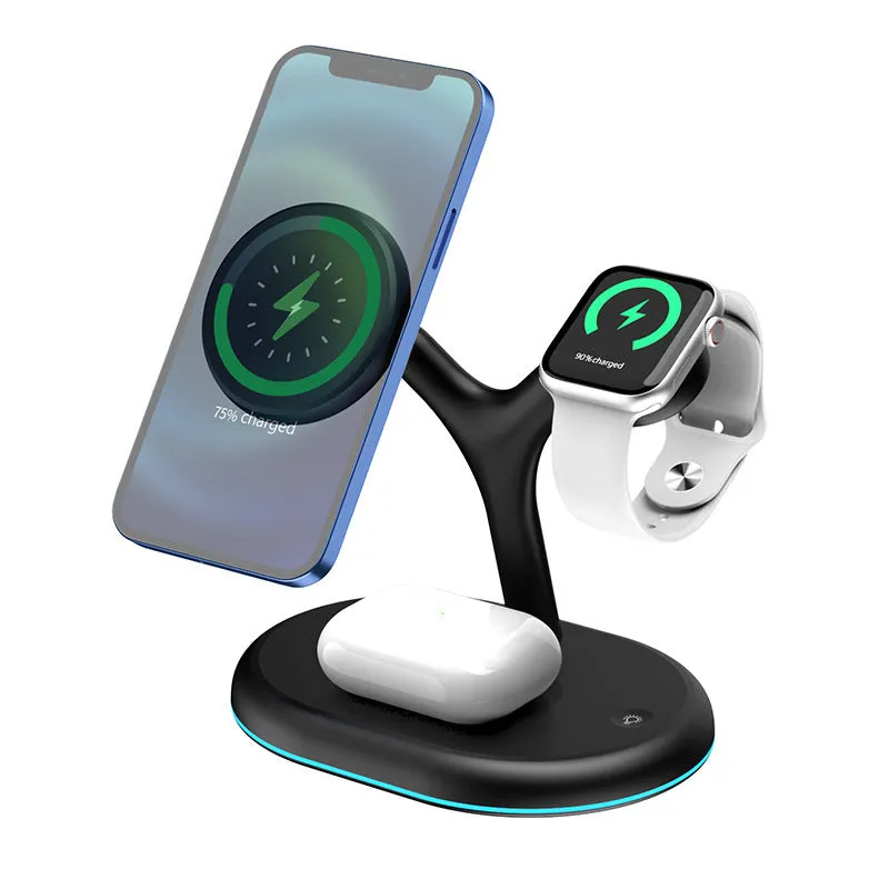 Black magnetic wireless charging stand holding phone in vertical landscape position