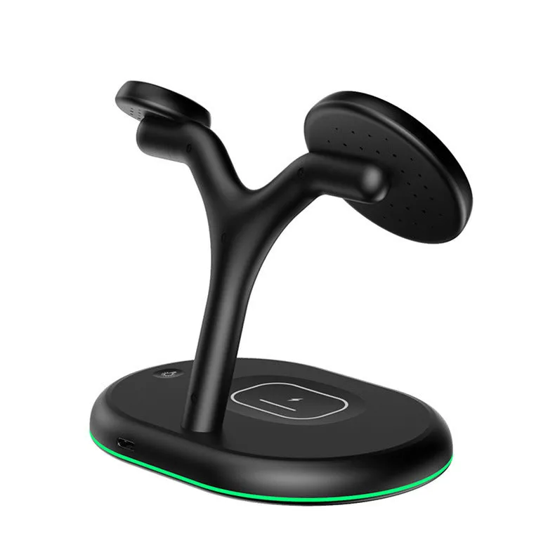 Black magnetic wireless charging stand holding phone in vertical landscape position