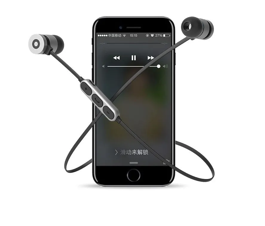 Metal magnetic sports Bluetooth headset in black colour showing neckband design with magnetic earpieces