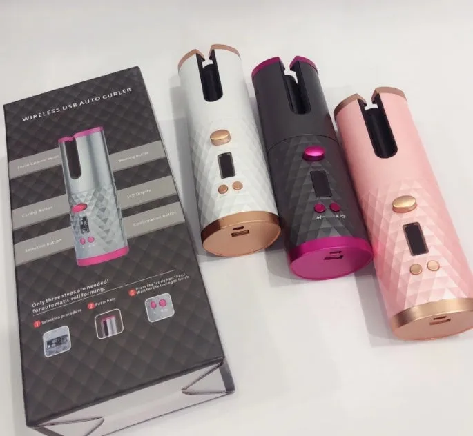 Portable white mini curling iron with USB charging cable and gold ceramic barrel.