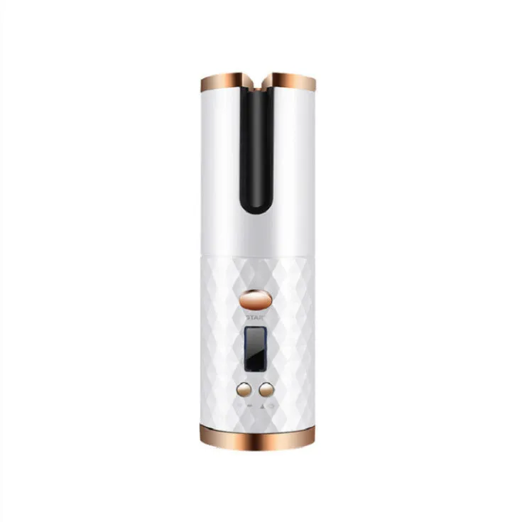 Portable white mini curling iron with USB charging cable and gold ceramic barrel.