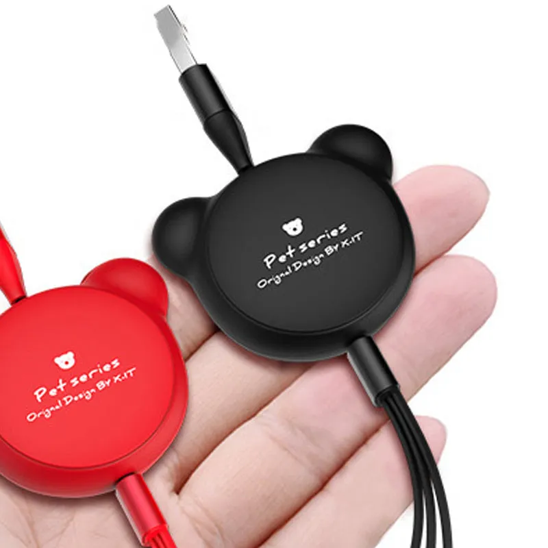 Telescopic bear-shaped organiser with a 1.2m cable ending in Mini USB, 30PIN, and Micro USB connectors
