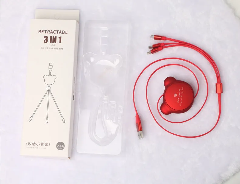 Telescopic bear-shaped organiser with a 1.2m cable ending in Mini USB, 30PIN, and Micro USB connectors