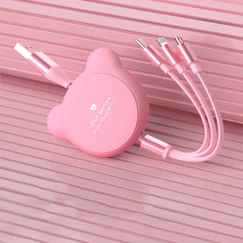 Telescopic bear-shaped organiser with a 1.2m cable ending in Mini USB, 30PIN, and Micro USB connectors