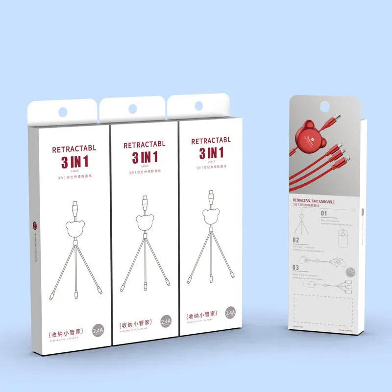 Telescopic bear-shaped organiser with a 1.2m cable ending in Mini USB, 30PIN, and Micro USB connectors