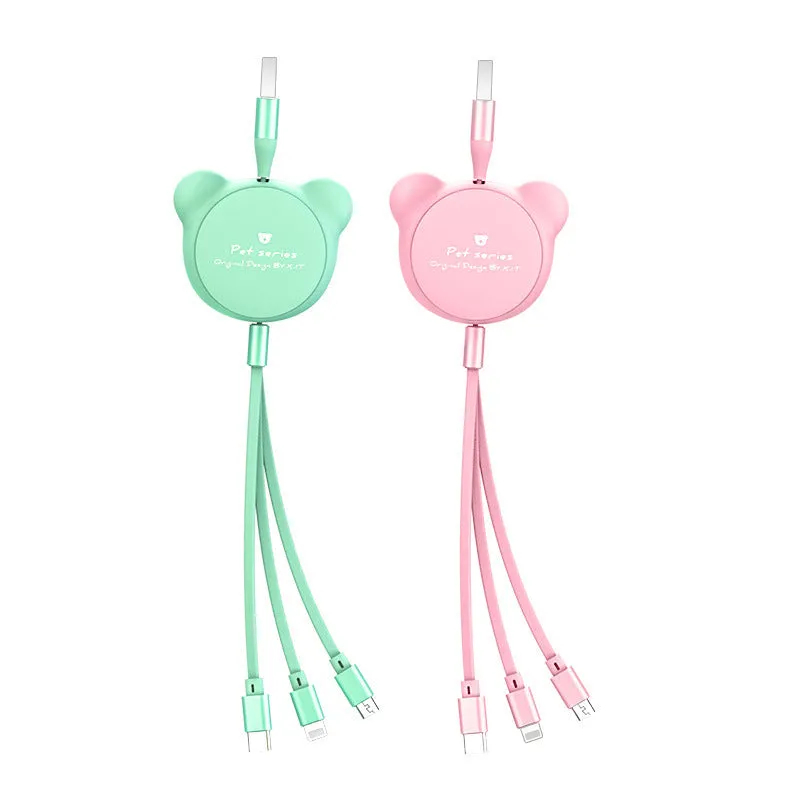 Telescopic bear-shaped organiser with a 1.2m cable ending in Mini USB, 30PIN, and Micro USB connectors
