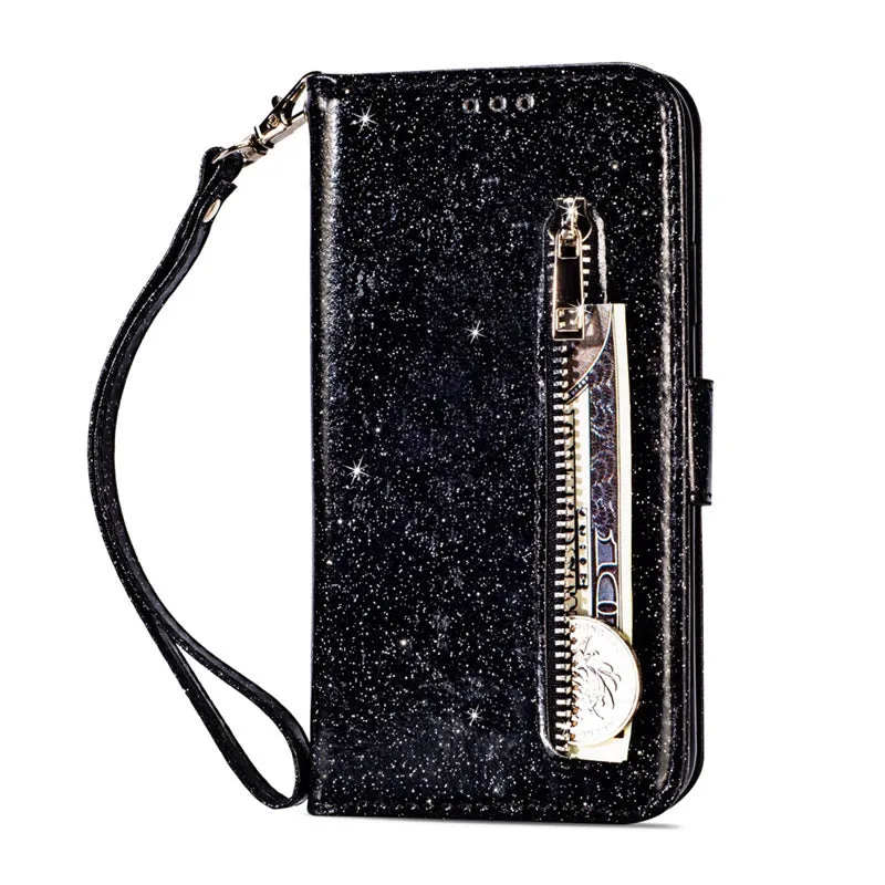 PU leather zipper phone case for iPhone showing front flap closure and card storage slots
