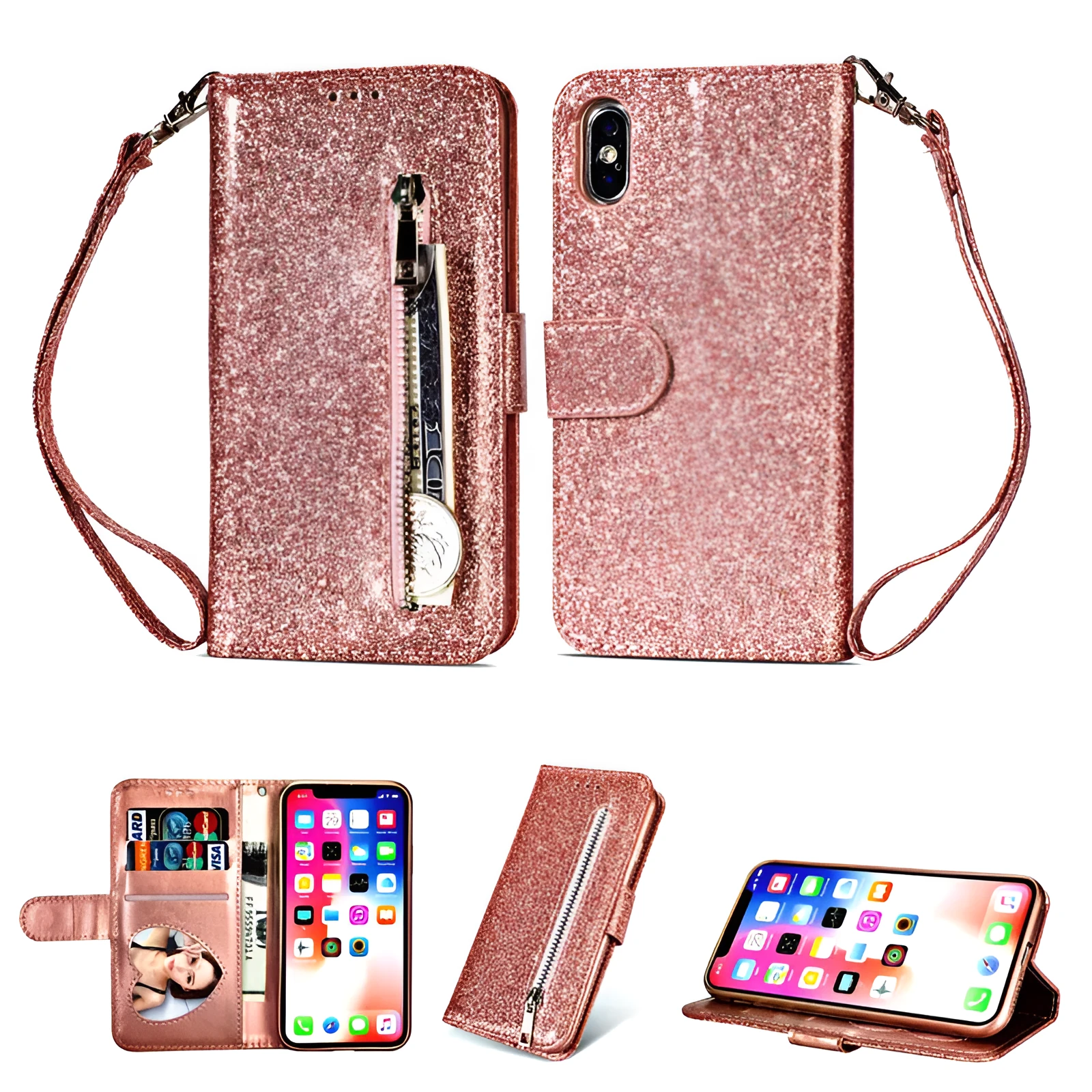 PU leather zipper phone case for iPhone showing front flap closure and card storage slots