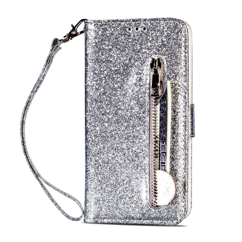 PU leather zipper phone case for iPhone showing front flap closure and card storage slots