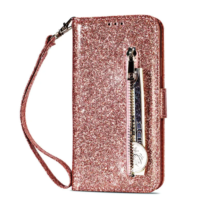 PU leather zipper phone case for iPhone showing front flap closure and card storage slots