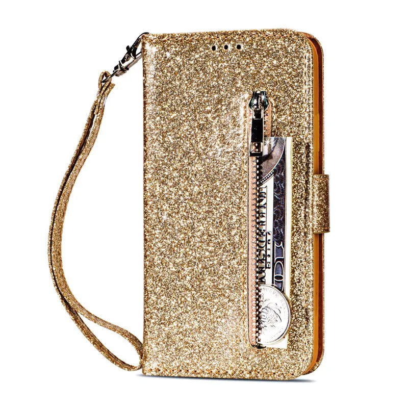 PU leather zipper phone case for iPhone showing front flap closure and card storage slots