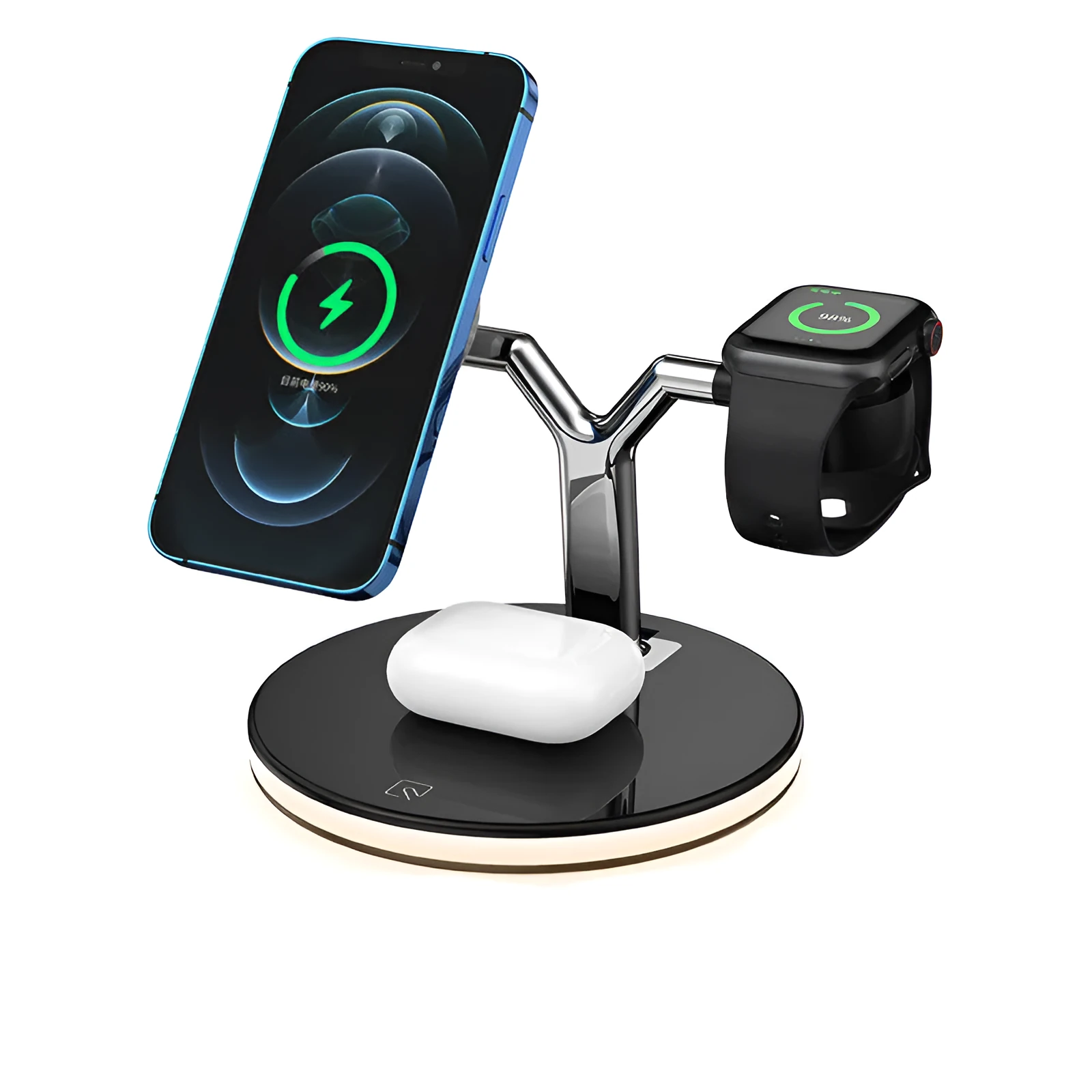 Black 15W 3-in-1 magnetic wireless charging station for iPhone, AirPods and Apple Watch on a desk.