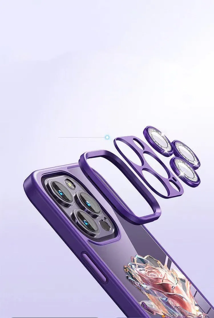 Rose design phone case with sparkling lens film for iPhone models in pink and purple colours