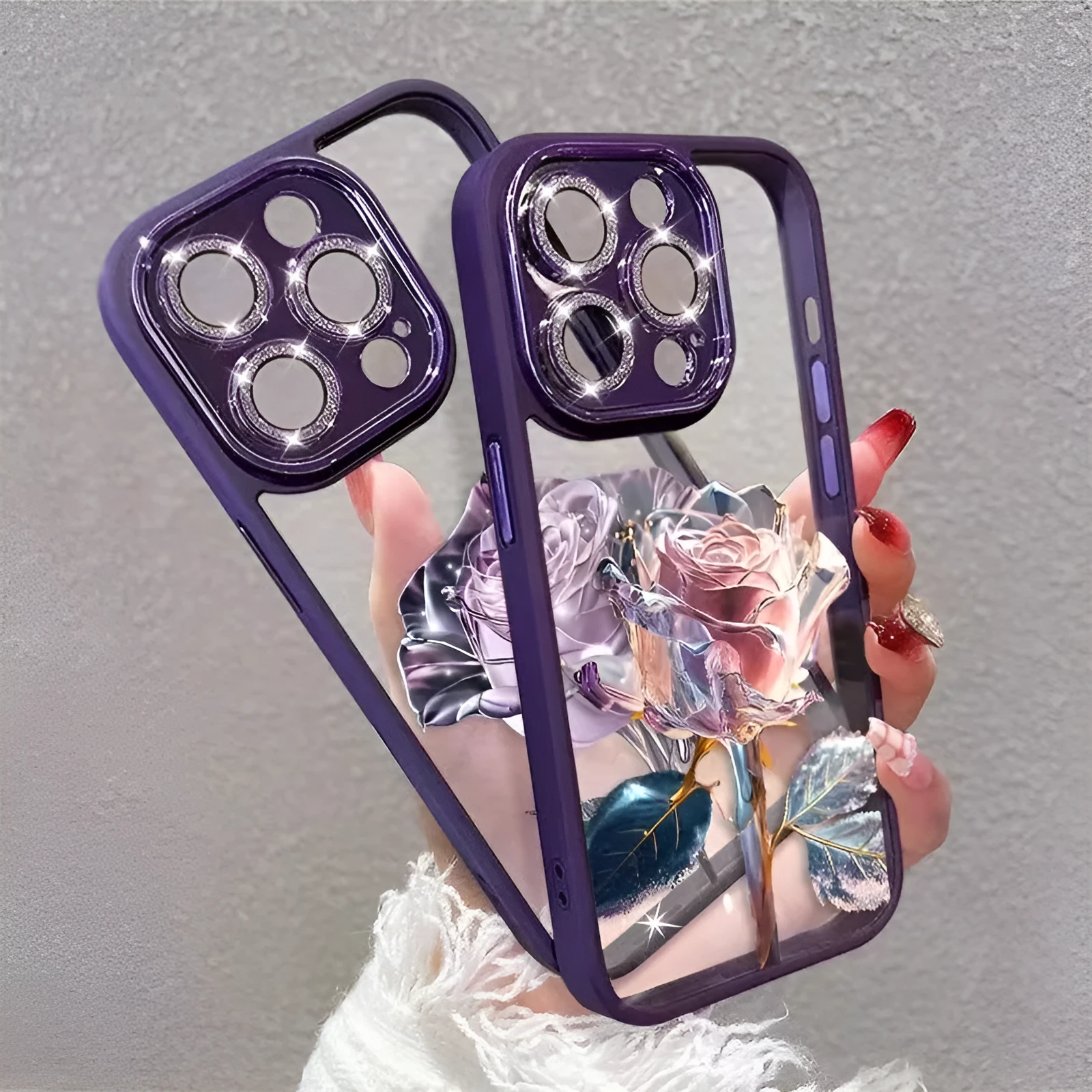 Rose design phone case with sparkling lens film for iPhone models in pink and purple colours