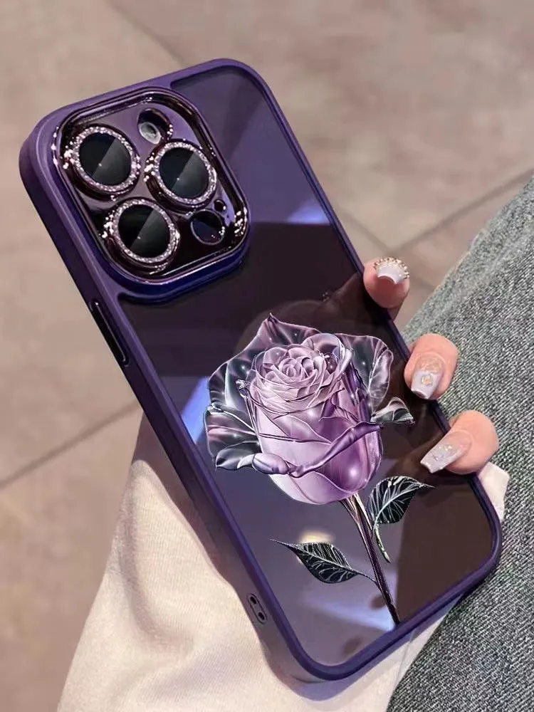 Rose design phone case with sparkling lens film for iPhone models in pink and purple colours