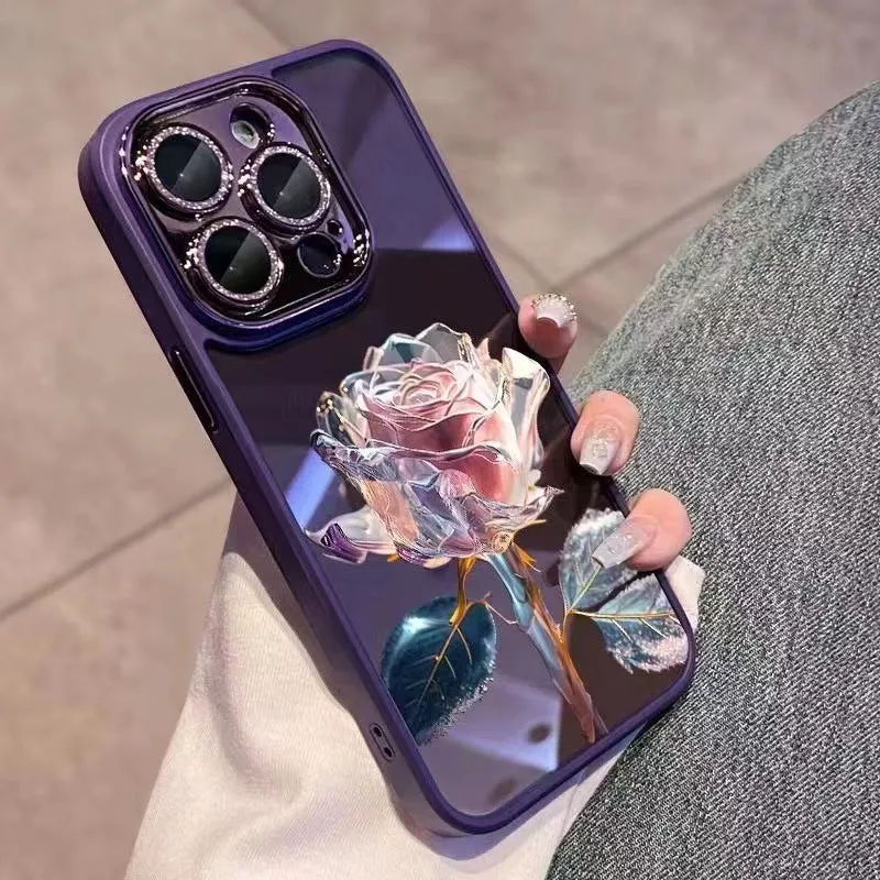 Rose design phone case with sparkling lens film for iPhone models in pink and purple colours
