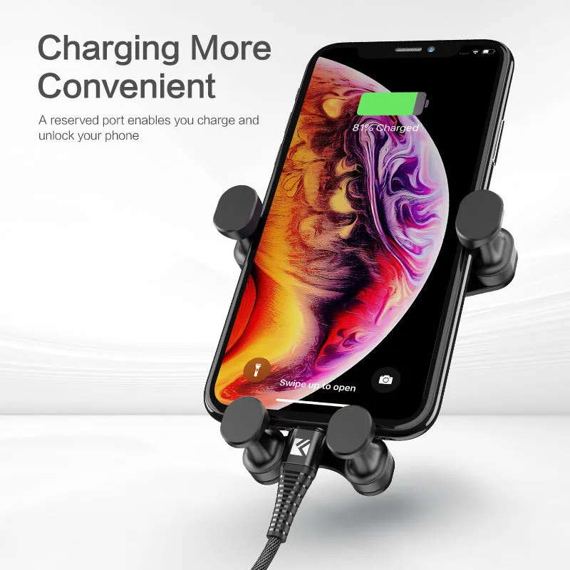 Black gravity car phone holder showing 360-degree rotation mechanism