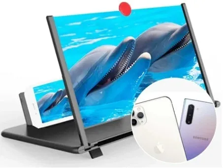 Wooden grain 12-inch folding screen amplifier bracket holding a smartphone