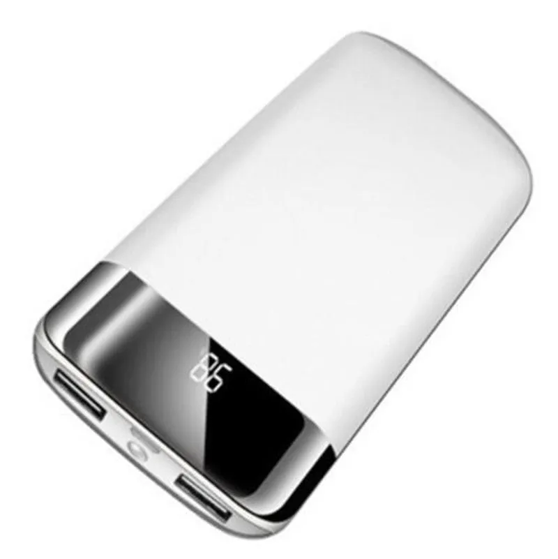 Y10 black portable power bank with LCD display showing battery percentage, two USB ports, and an LED light.