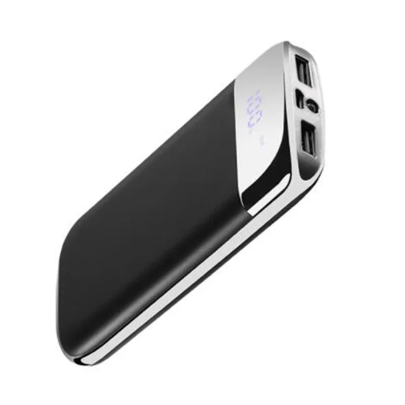 Y10 black portable power bank with LCD display showing battery percentage, two USB ports, and an LED light.