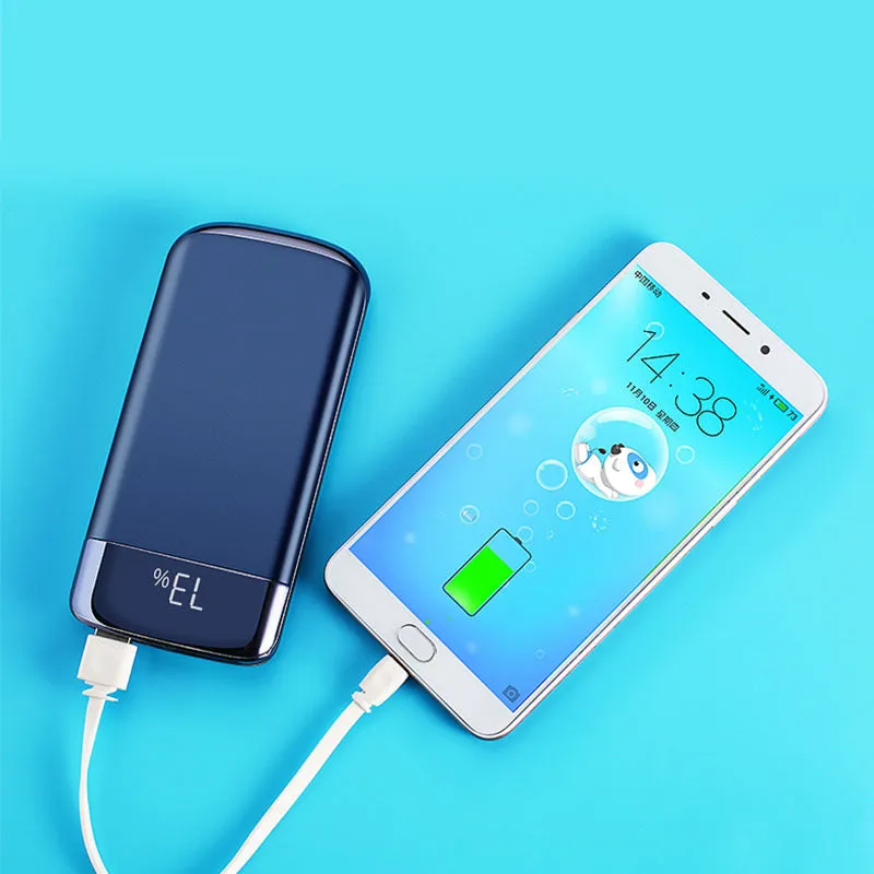Y10 black portable power bank with LCD display showing battery percentage, two USB ports, and an LED light.