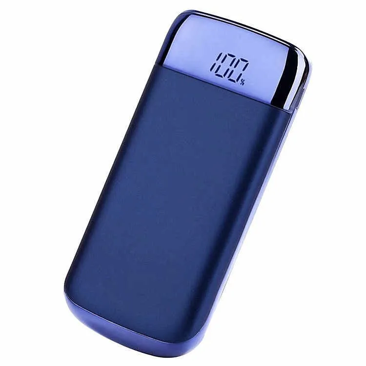 Y10 black portable power bank with LCD display showing battery percentage, two USB ports, and an LED light.