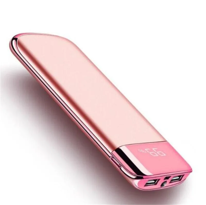 Y10 black portable power bank with LCD display showing battery percentage, two USB ports, and an LED light.