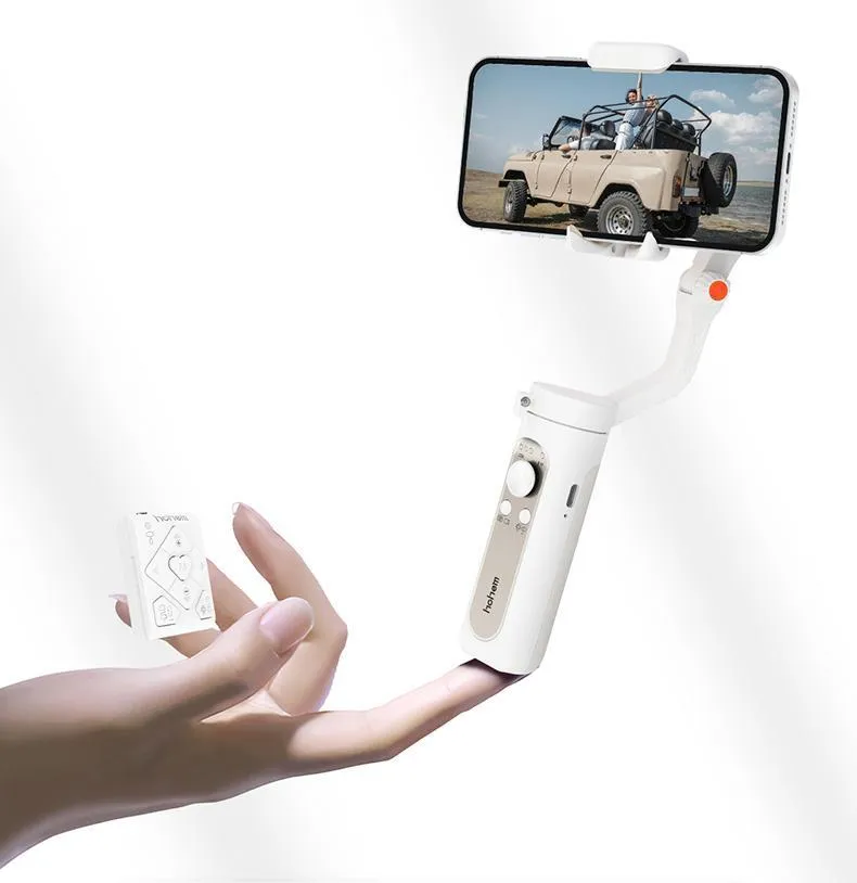 Three-axis mobile phone stabiliser in black or white with compact folded design