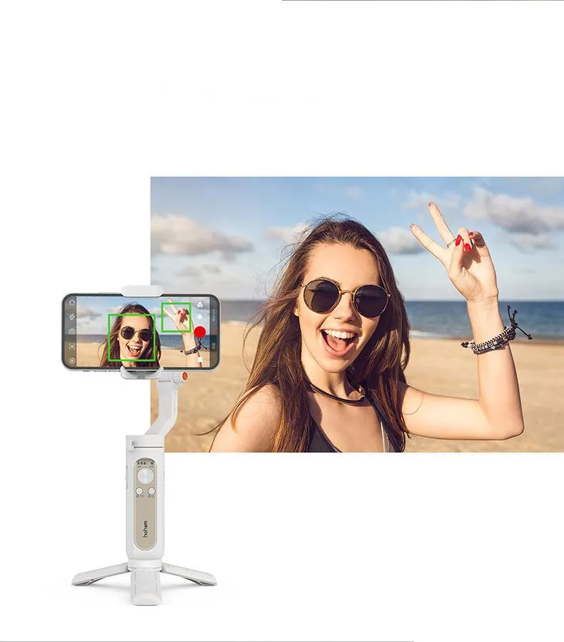 Three-axis mobile phone stabiliser in black or white with compact folded design