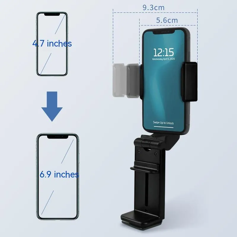 H22 Black colour 360-degree rotating collapsible mobile phone desktop holder on a wooden table.