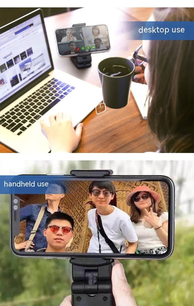 H22 Black colour 360-degree rotating collapsible mobile phone desktop holder on a wooden table.