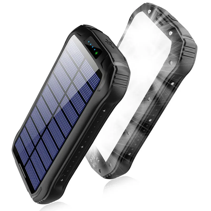 Orange Xionel solar power bank showing USB ports, solar panel, and camping light.