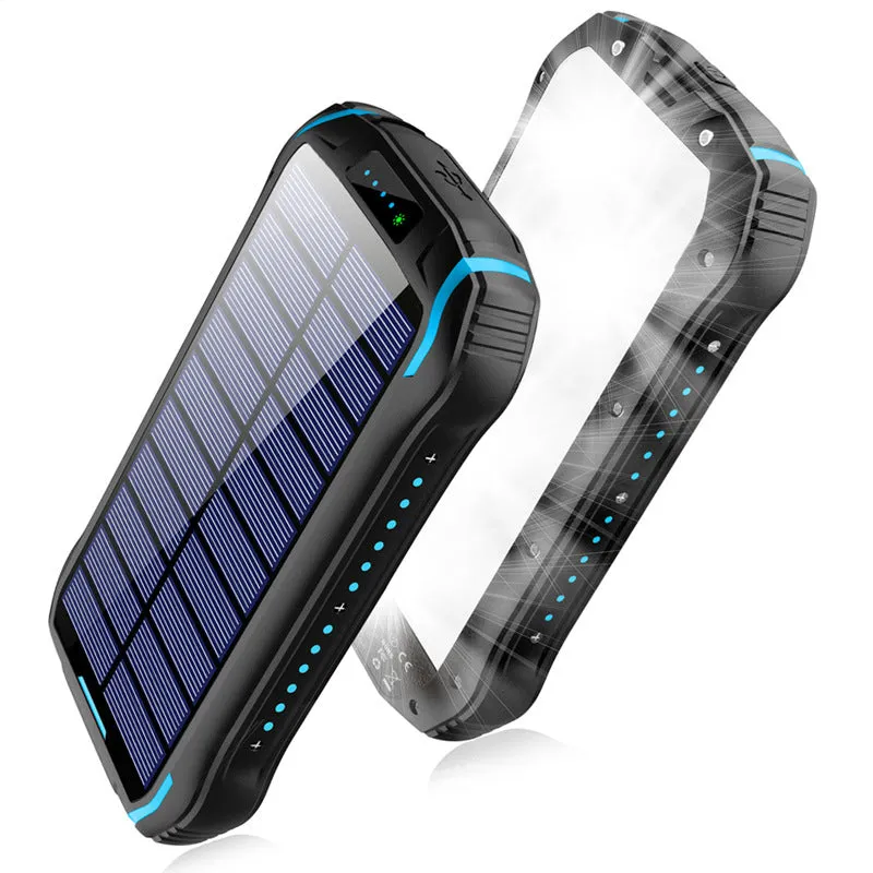 Orange Xionel solar power bank showing USB ports, solar panel, and camping light.