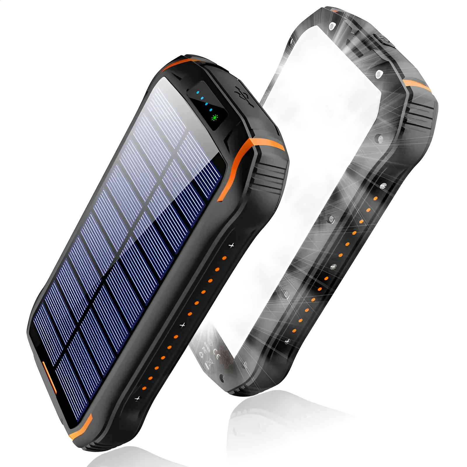 Orange Xionel solar power bank showing USB ports, solar panel, and camping light.