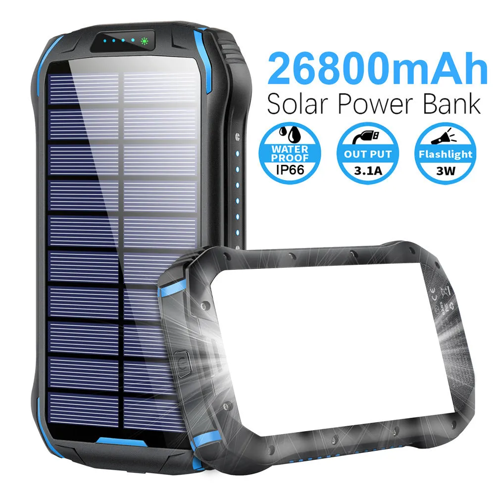 Orange Xionel solar power bank showing USB ports, solar panel, and camping light.