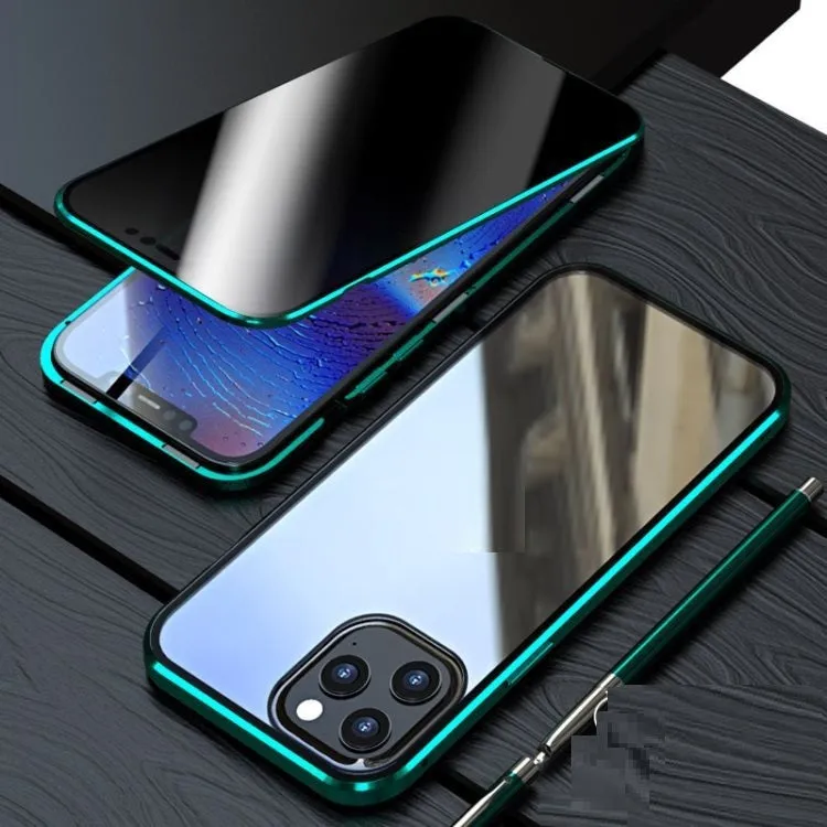 Magnetic clamshell privacy phone case for iPhone with double-sided tempered glass in black silver gold blue colours