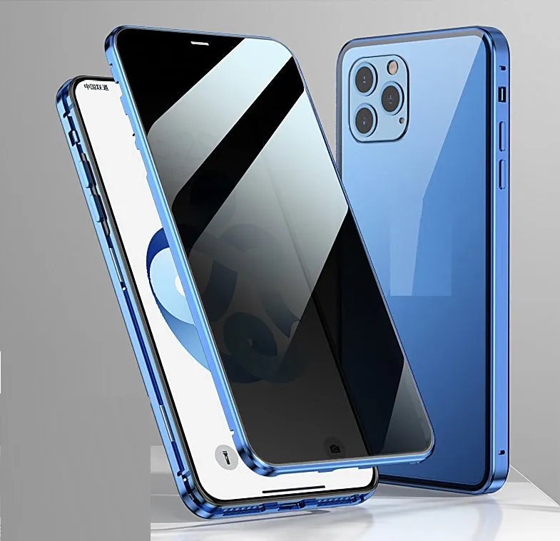 Magnetic clamshell privacy phone case for iPhone with double-sided tempered glass in black silver gold blue colours