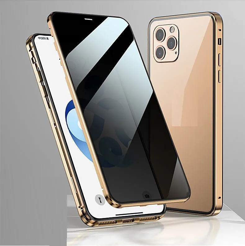 Magnetic clamshell privacy phone case for iPhone with double-sided tempered glass in black silver gold blue colours