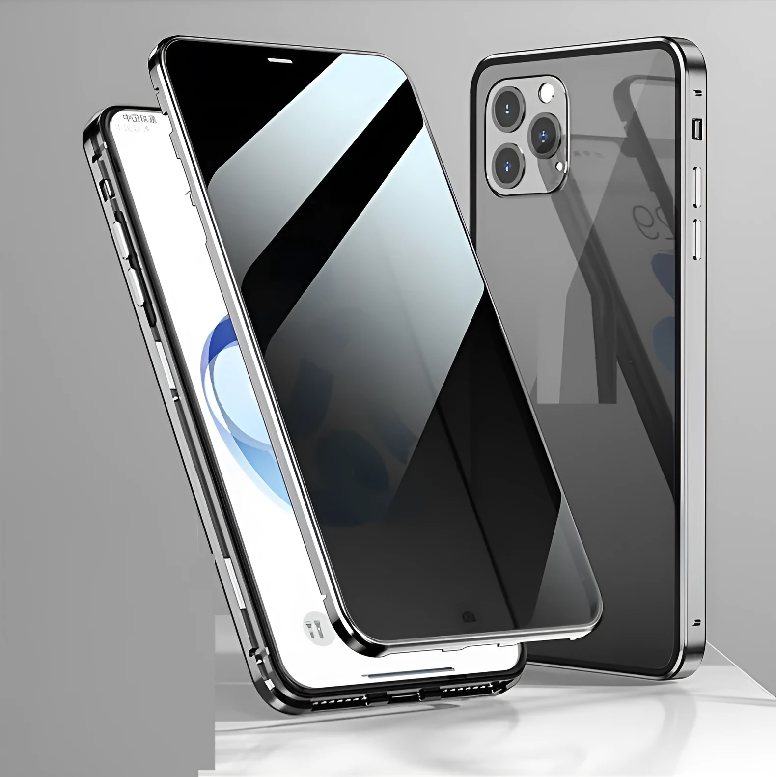 Magnetic clamshell privacy phone case for iPhone with double-sided tempered glass in black silver gold blue colours