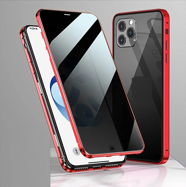 Magnetic clamshell privacy phone case for iPhone with double-sided tempered glass in black silver gold blue colours