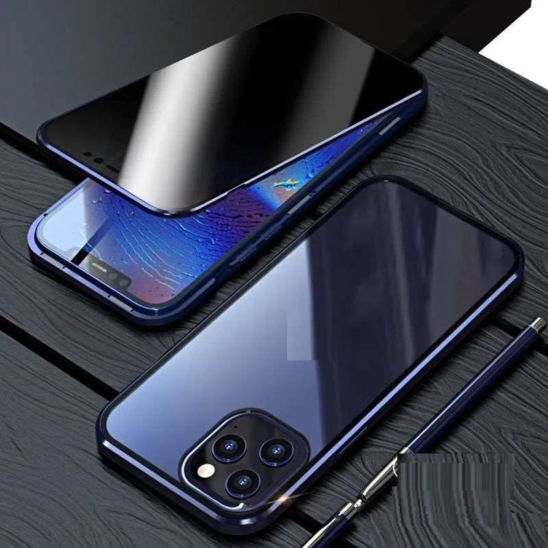 Magnetic clamshell privacy phone case for iPhone with double-sided tempered glass in black silver gold blue colours