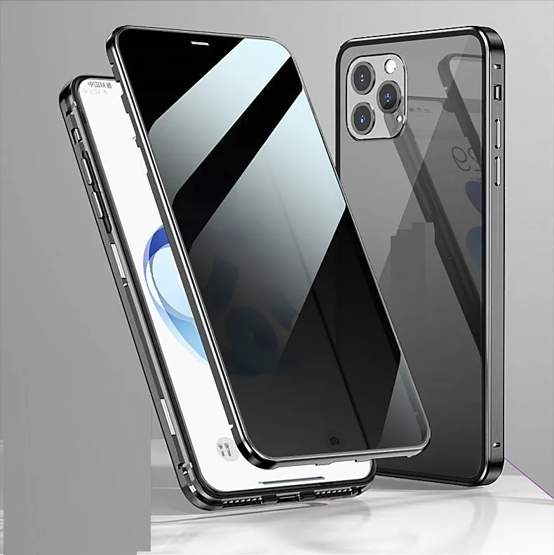 Magnetic clamshell privacy phone case for iPhone with double-sided tempered glass in black silver gold blue colours