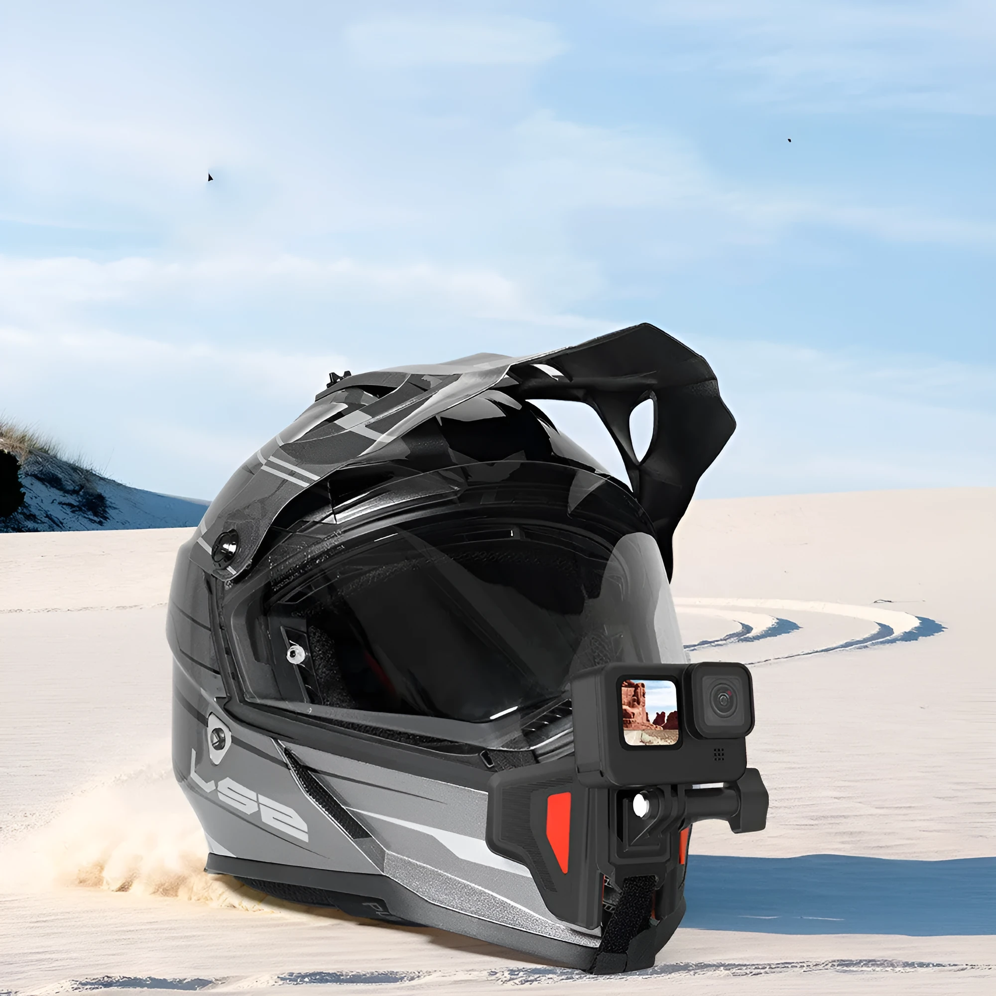 Black universal motorcycle helmet chin strap mount for GoPro and sports cameras.