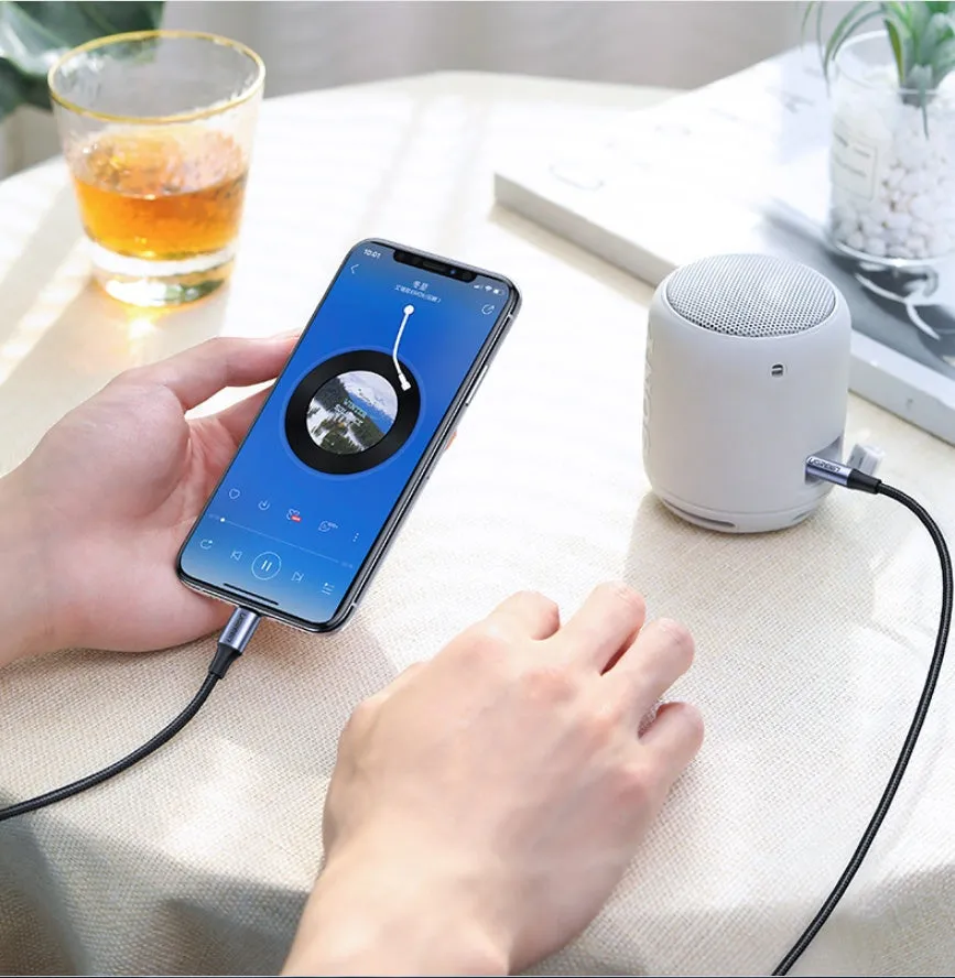 Black Apple Lightning to 3.5mm audio cable adapter with braided texture for car use