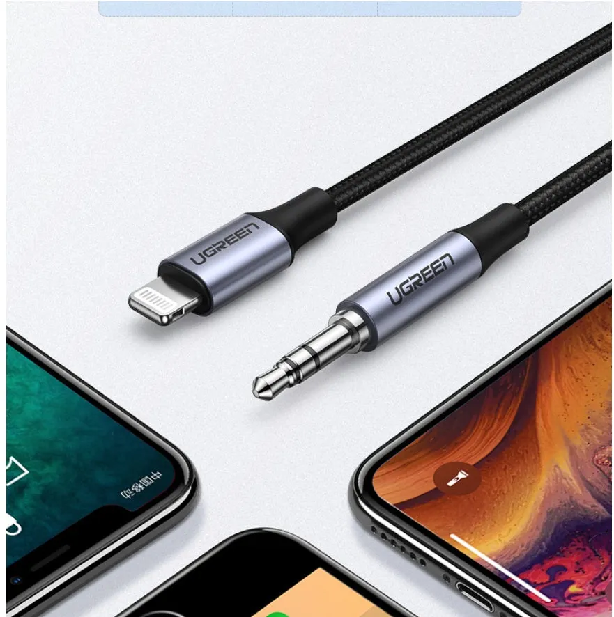Black Apple Lightning to 3.5mm audio cable adapter with braided texture for car use