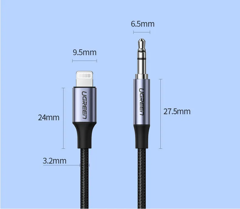 Black Apple Lightning to 3.5mm audio cable adapter with braided texture for car use