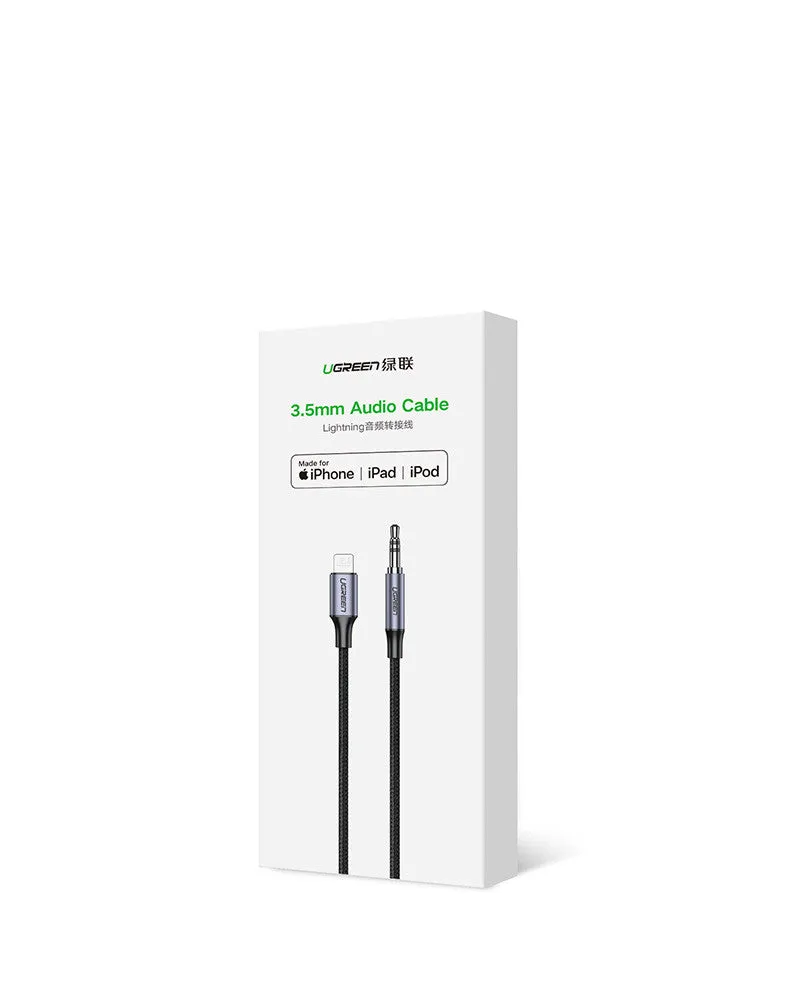 Black Apple Lightning to 3.5mm audio cable adapter with braided texture for car use
